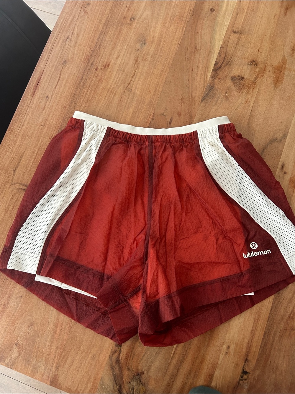 lululemon athletica Red Mesh Athletic Shorts with White Panels
